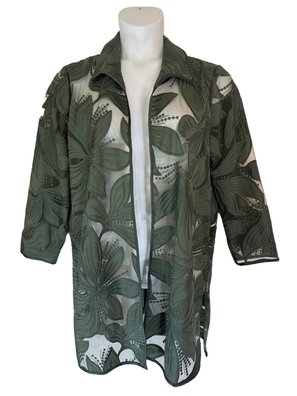 Chico's Olive Green Sheer Applique Embroidered Jacket SKU1598